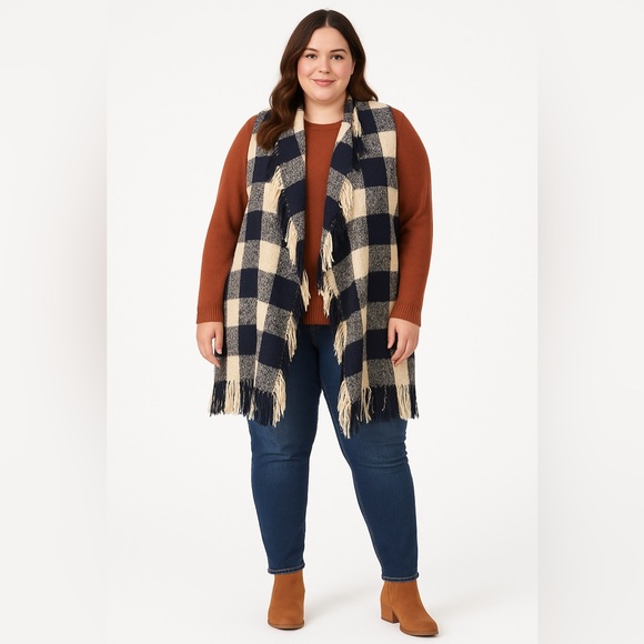 Jackets & Blazers - Cozy Blanket Scarf with Arm Holes Plaid Fringe in Navy Blue and Cream - One Size